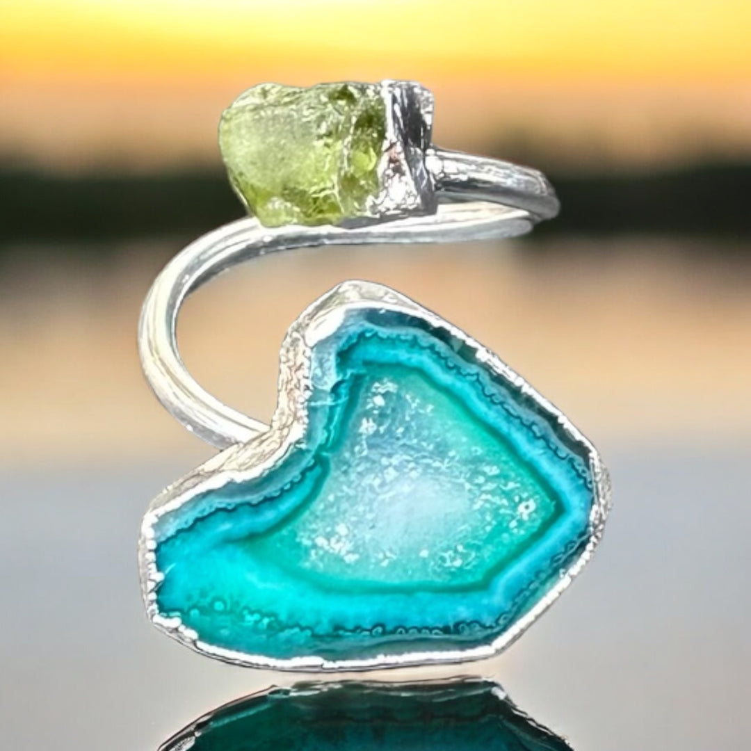 Infinity Agate Druzy & Peridot Silver Wrap Ring