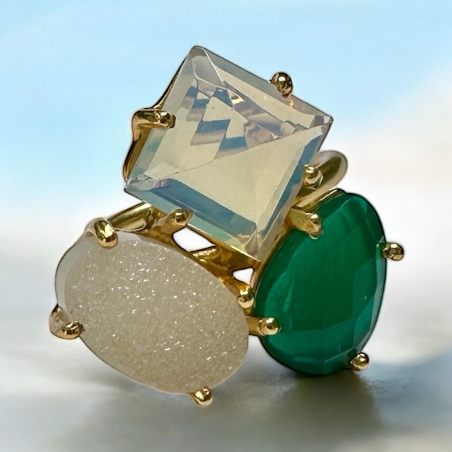Three Wishes Opalite,Emerald And Sugar Druzy Ring