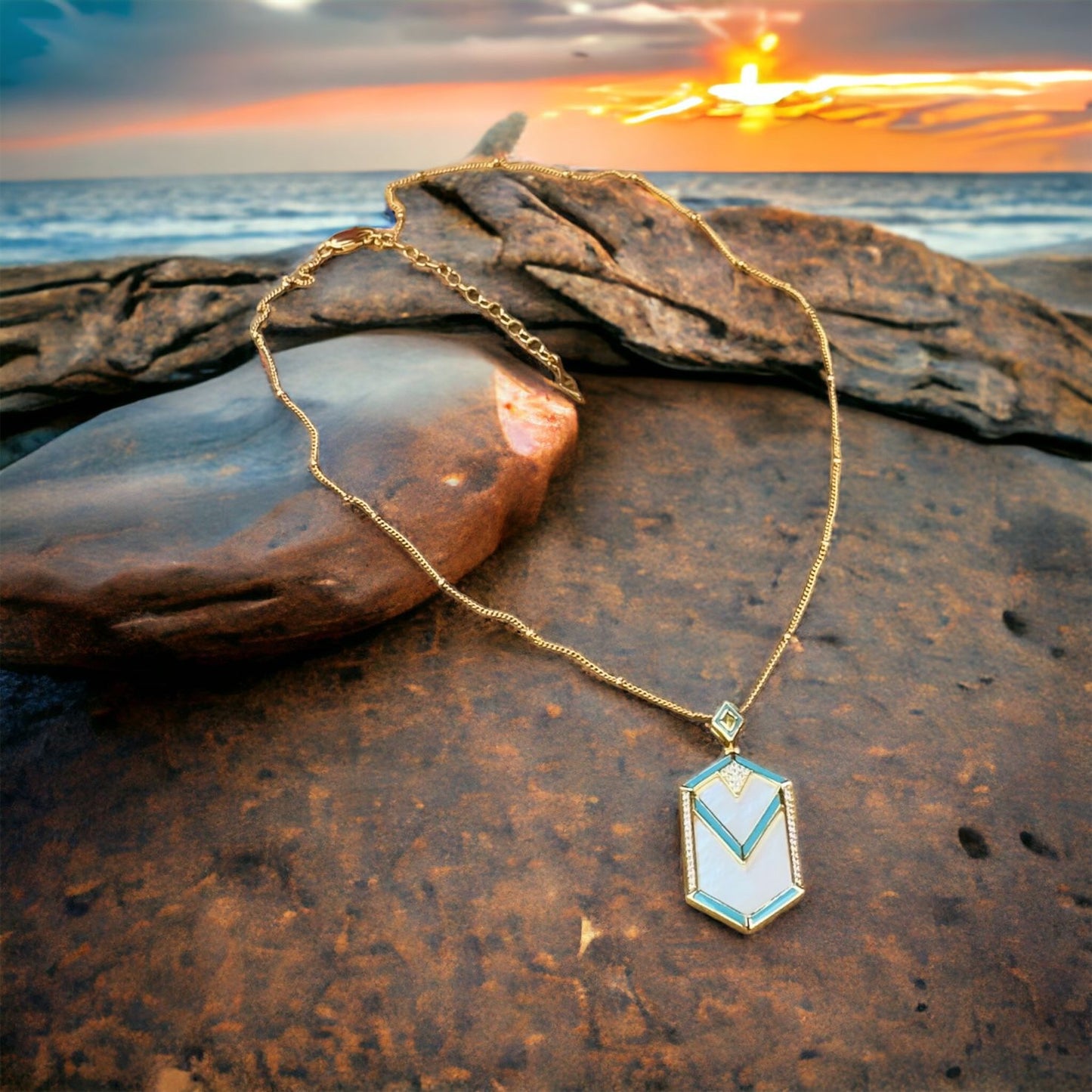 Abalone,Turquoise And Zirconia Pendant Necklace