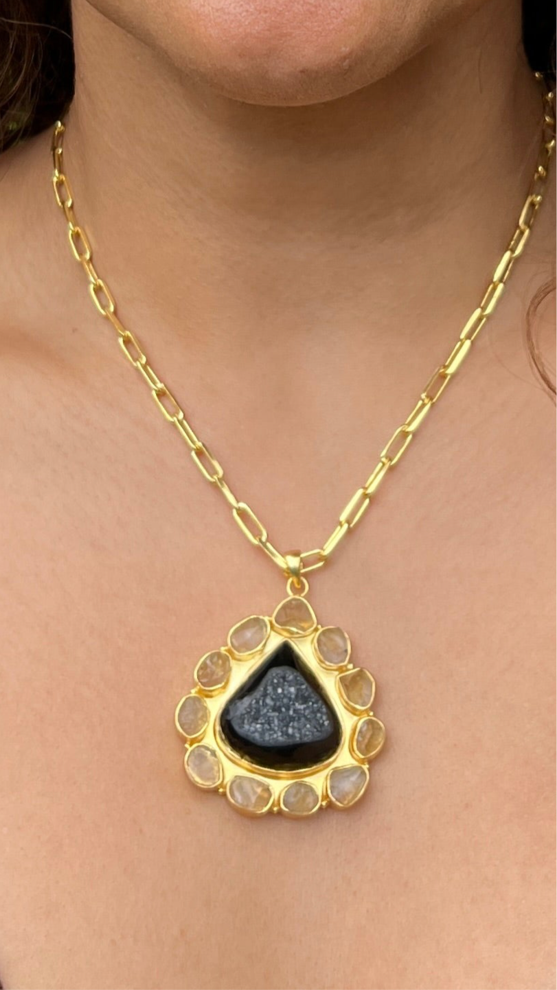 Agate And Citrine Solar Bloom Pendant Necklace