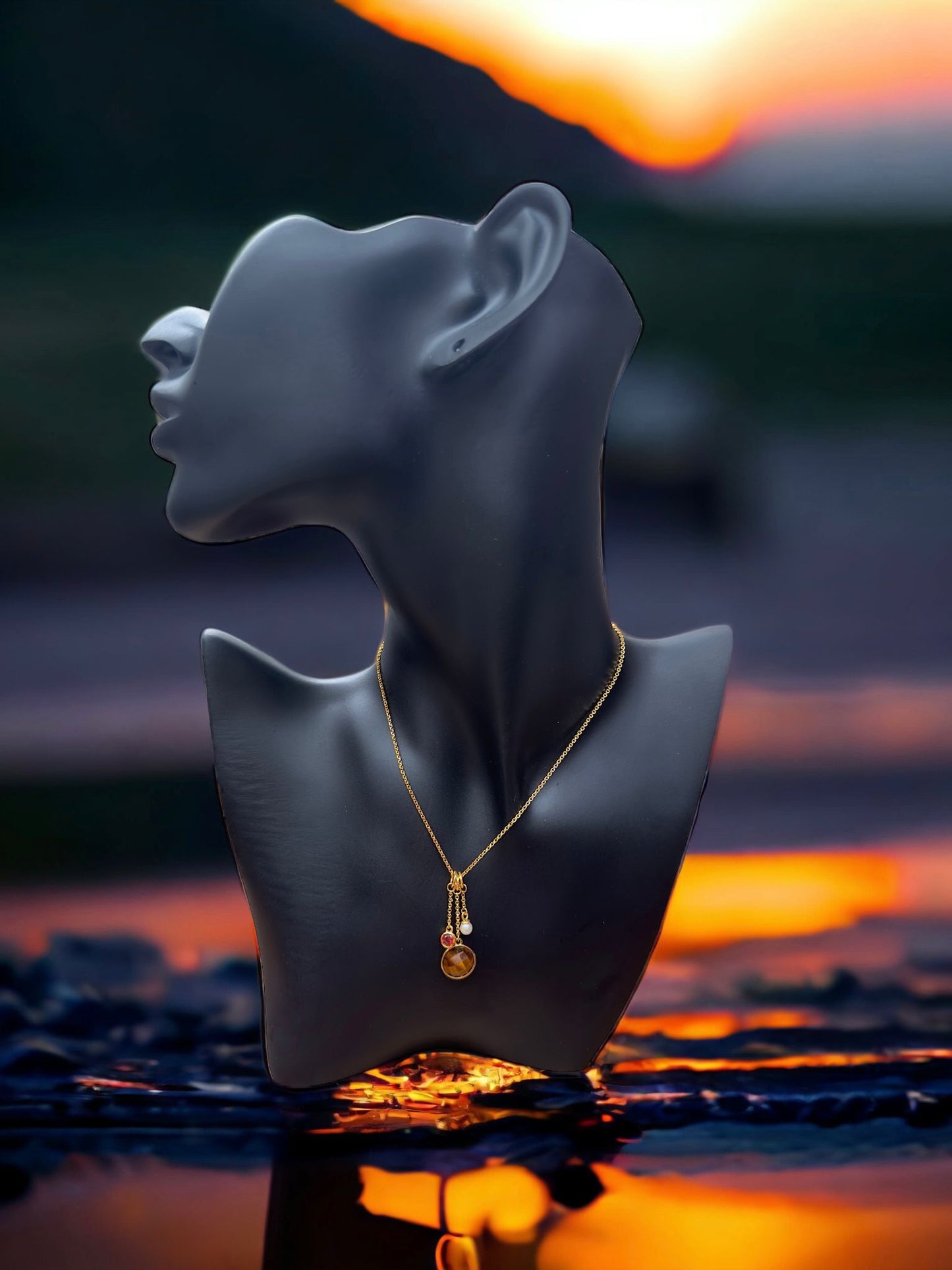 Tiger’s eye stone , Ruby And WaterPearl Necklace