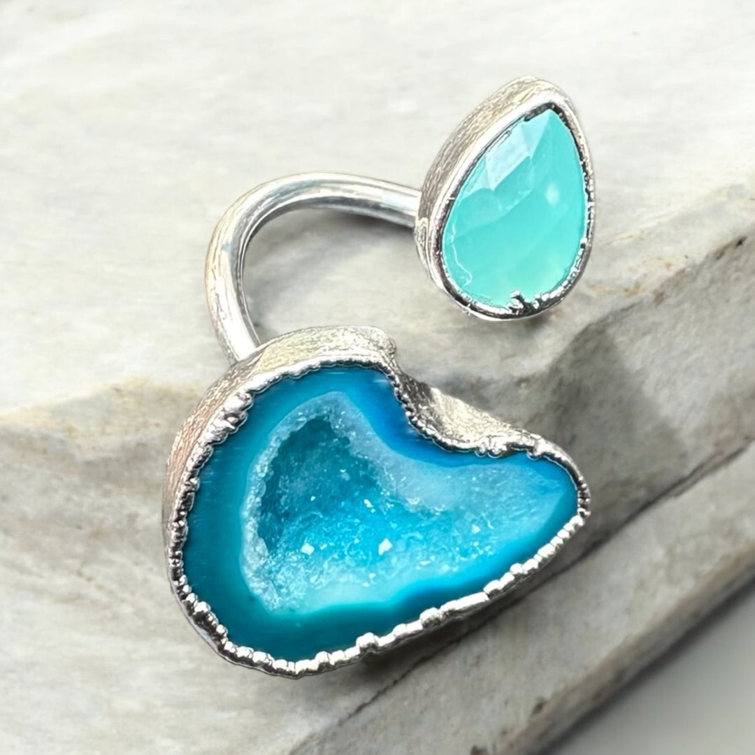 Infinity Agate Druzy & Aquamarine Silver Wrap Ring
