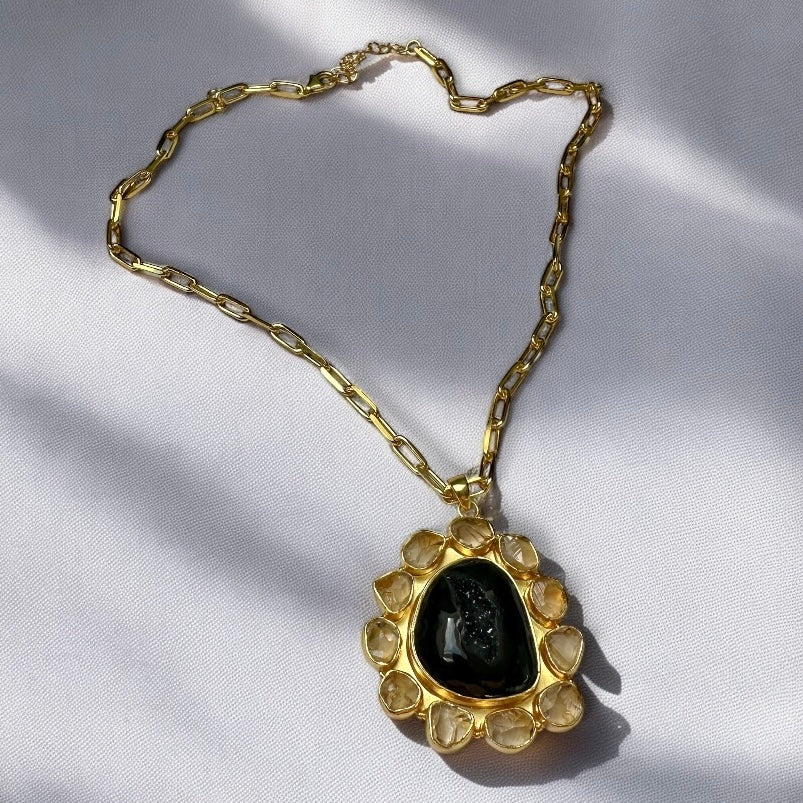 Agate And Citrine Solar Bloom Pendant Necklace