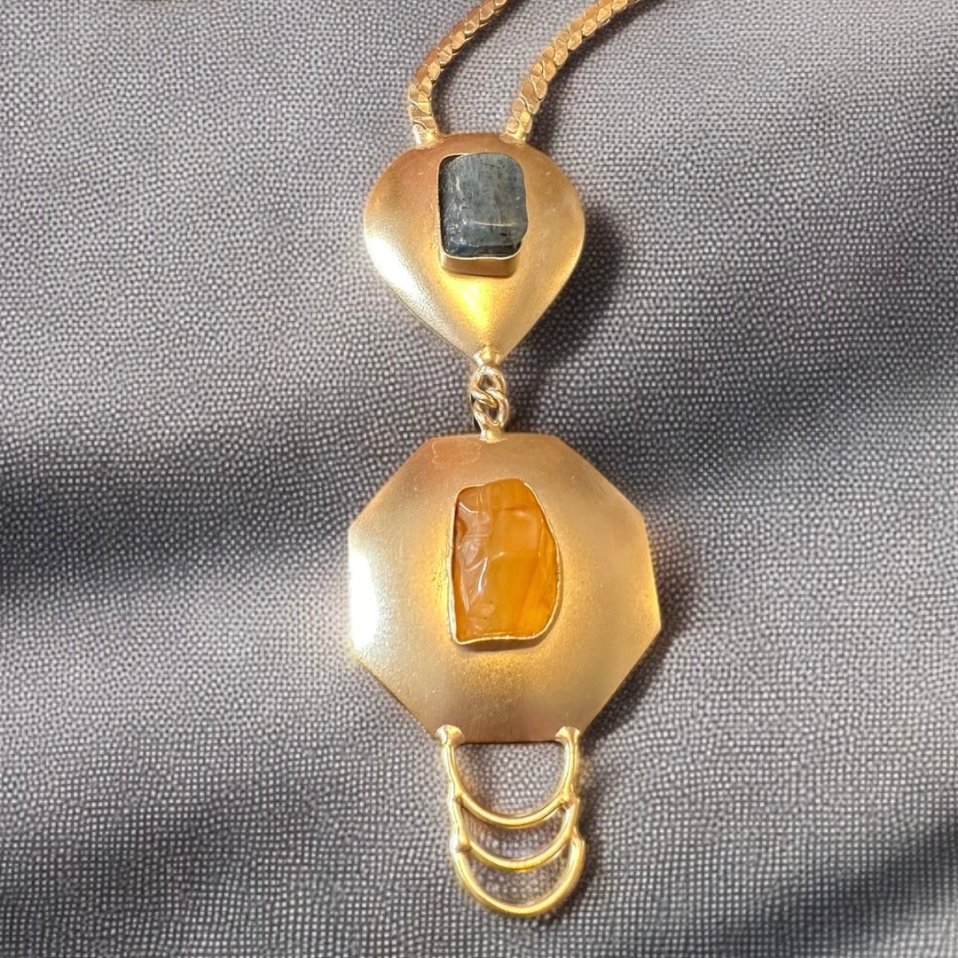 The Thearys
Empowering Goddess Honey Calcite & Blue Kyanite Necklace