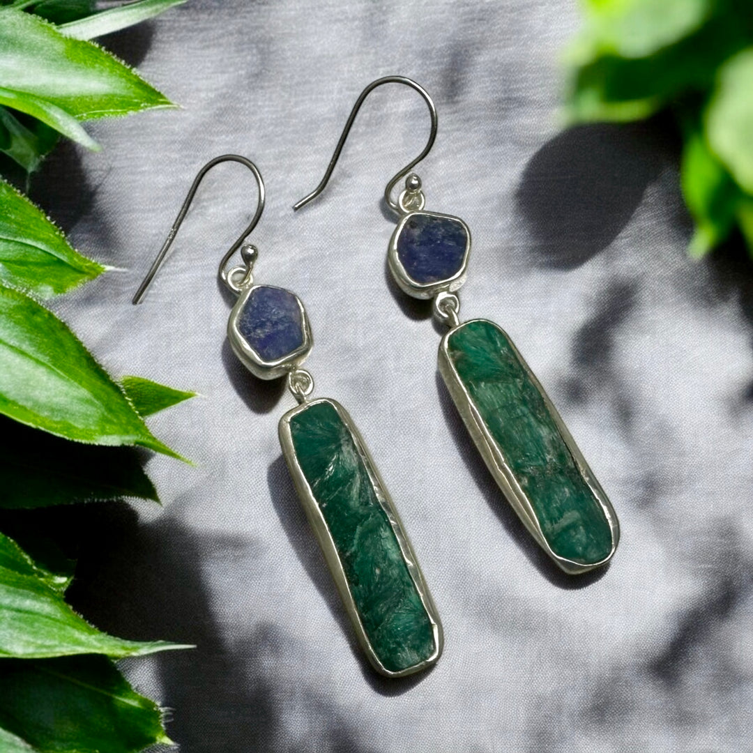 Ethnic Allure Kyanite & Emerald Silver Earrings