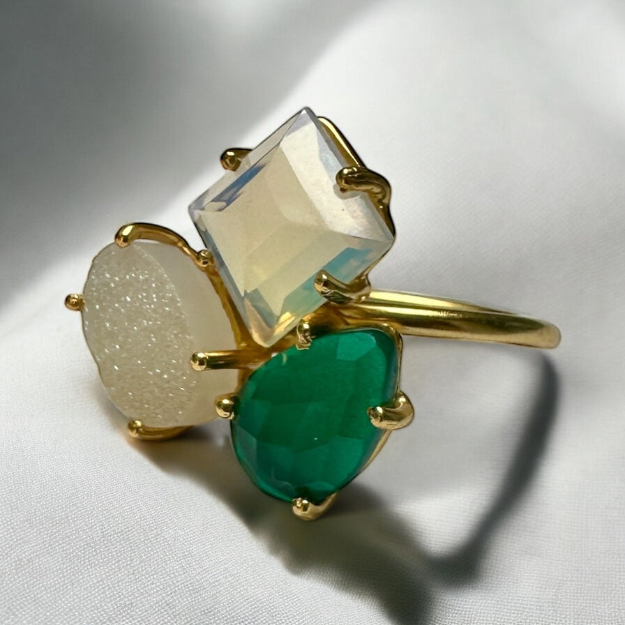 Three Wishes Opalite,Emerald And Sugar Druzy Ring