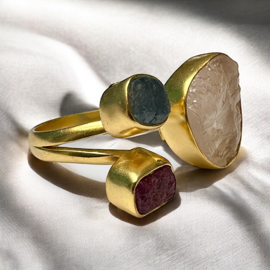Trinity of Her Heart Rose Quartz, Aquamarine And Ruby Ring