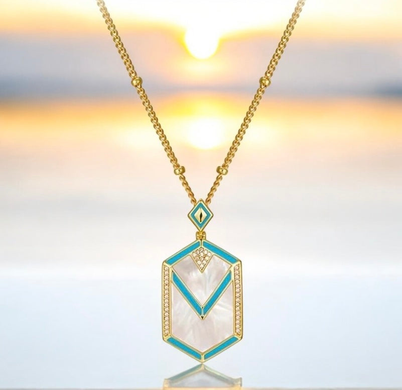 Abalone,Turquoise And Zirconia Pendant Necklace