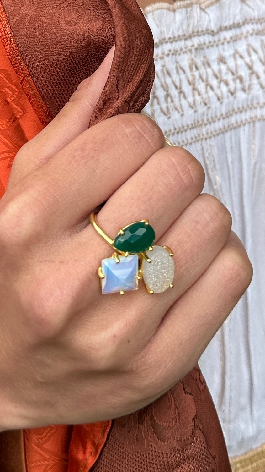 Three Wishes Opalite,Emerald And Sugar Druzy Ring