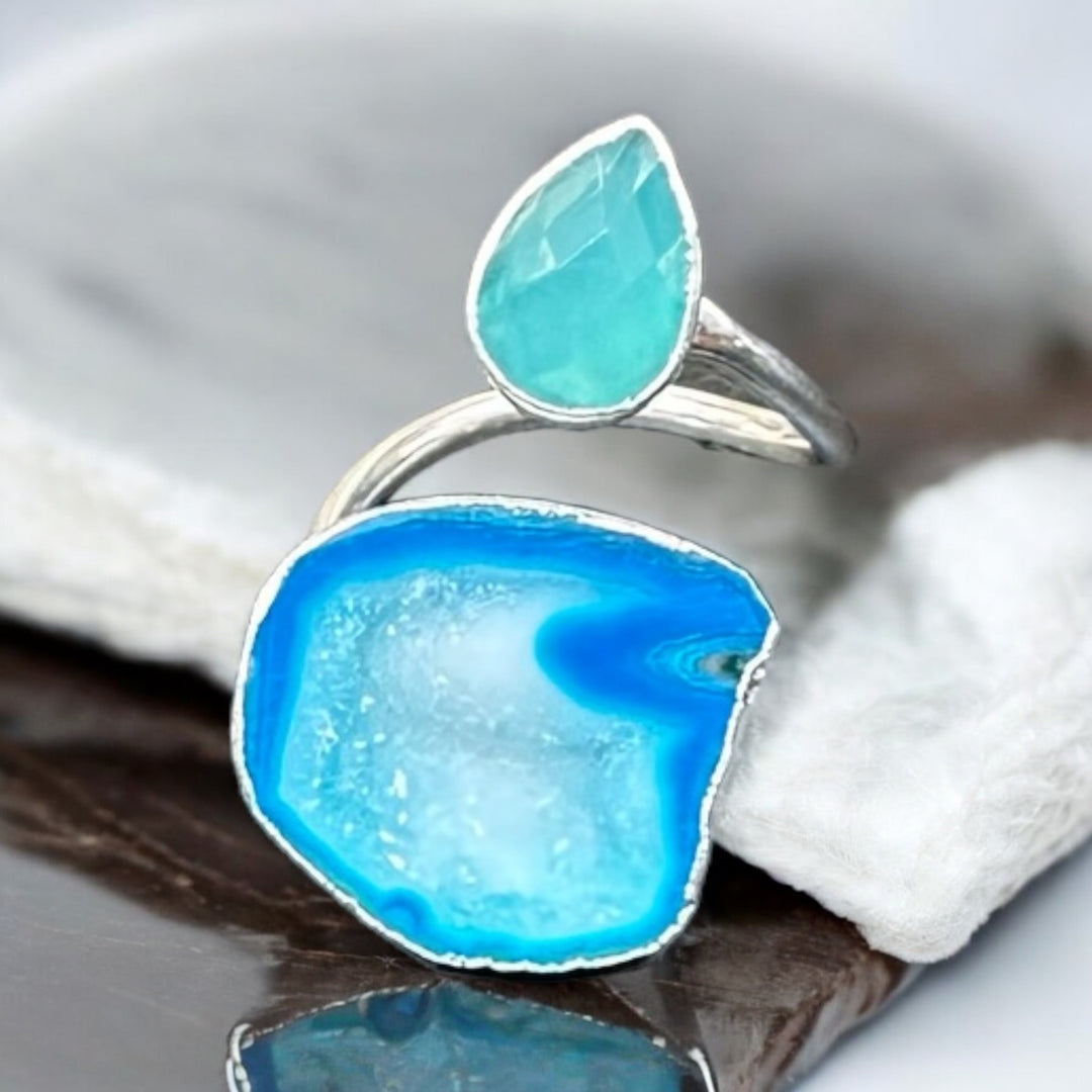Infinity Blue Agate Druzy & Aquamarine Wrap Ring