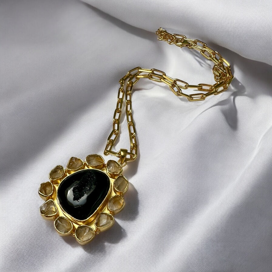 Agate And Citrine Solar Bloom Pendant Necklace