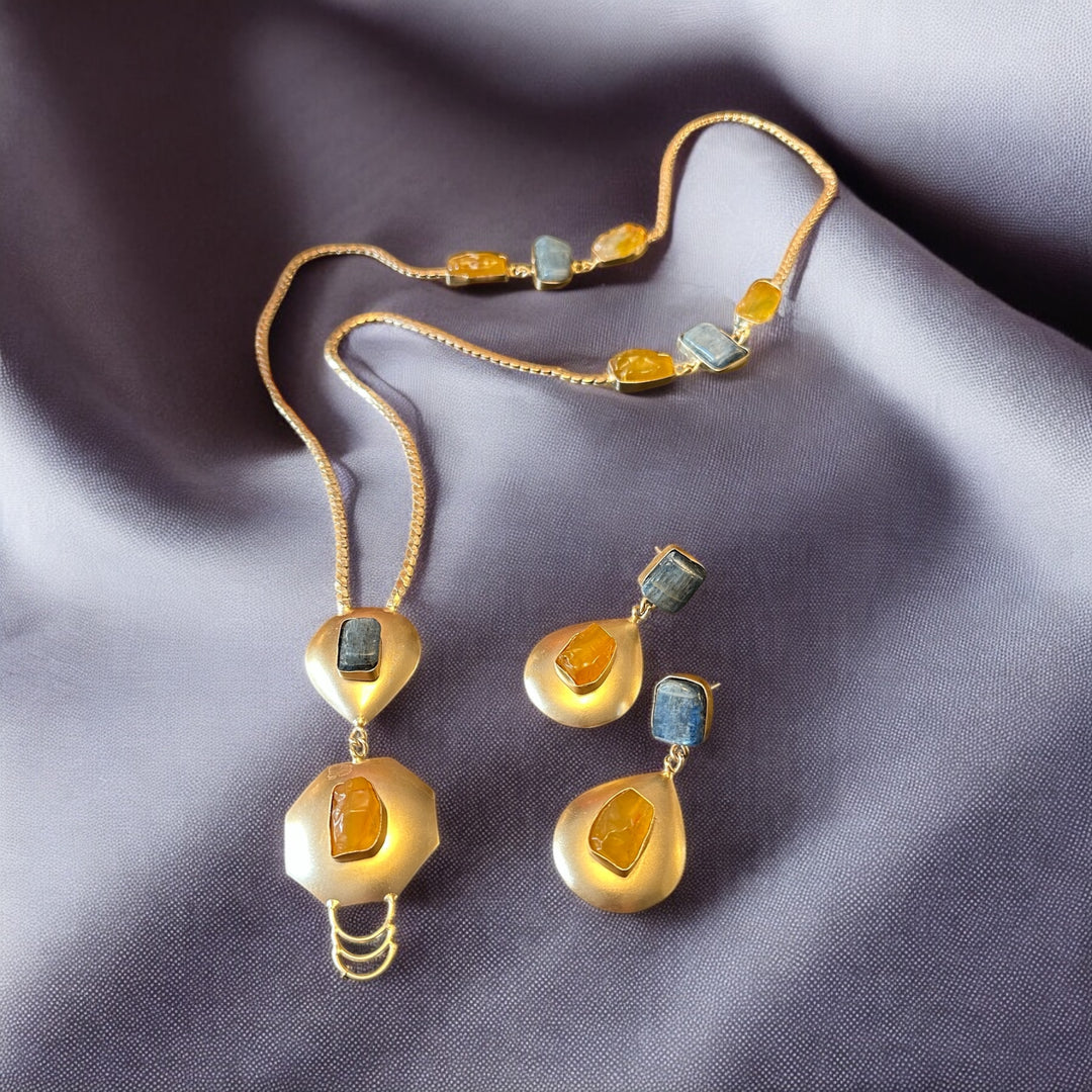The Thearys
Empowering Goddess Honey Calcite & Blue Kyanite Necklace