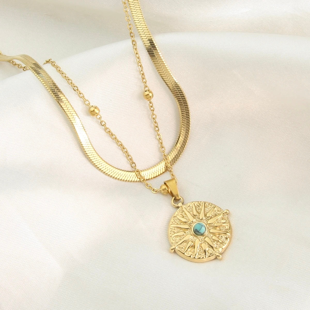 Turquoise Stone Vintage Gold Double Layer Pendant