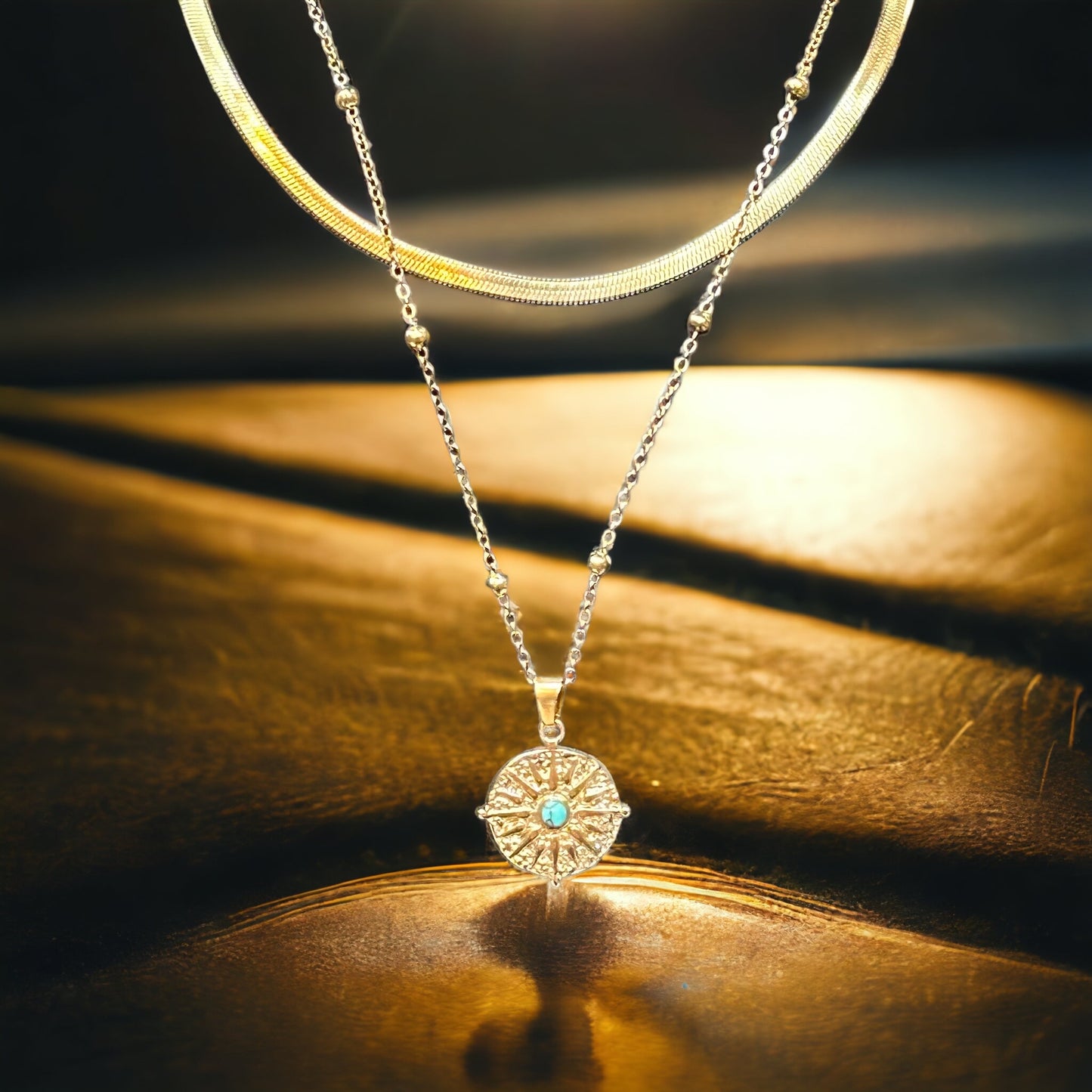 Turquoise Stone Vintage Gold Double Layer Pendant