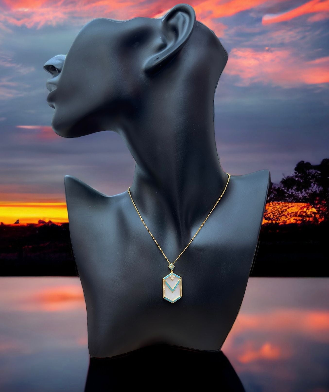 Abalone,Turquoise And Zirconia Pendant Necklace