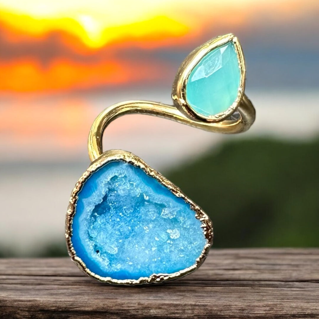 Infinity Collection Blue Agate Druzy & Aquamarine Ring
