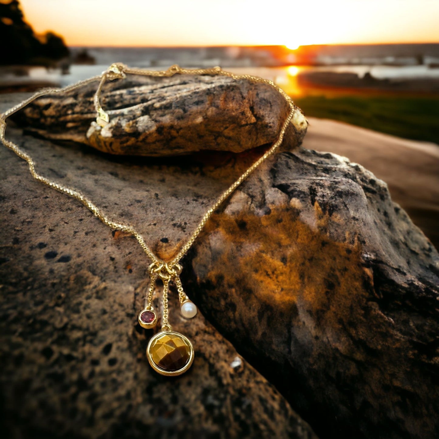 Tiger’s eye stone , Ruby And WaterPearl Necklace