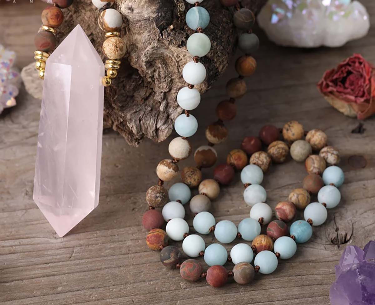 Rose Quartz Double Pointed with Amazonite, Picasso & Picture Jasper