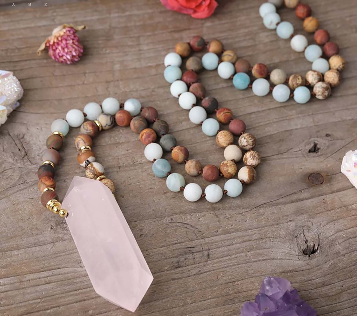 Rose Quartz Double Pointed with Amazonite, Picasso & Picture Jasper