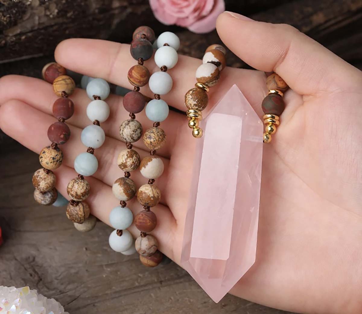 Rose Quartz Double Pointed with Amazonite, Picasso & Picture Jasper