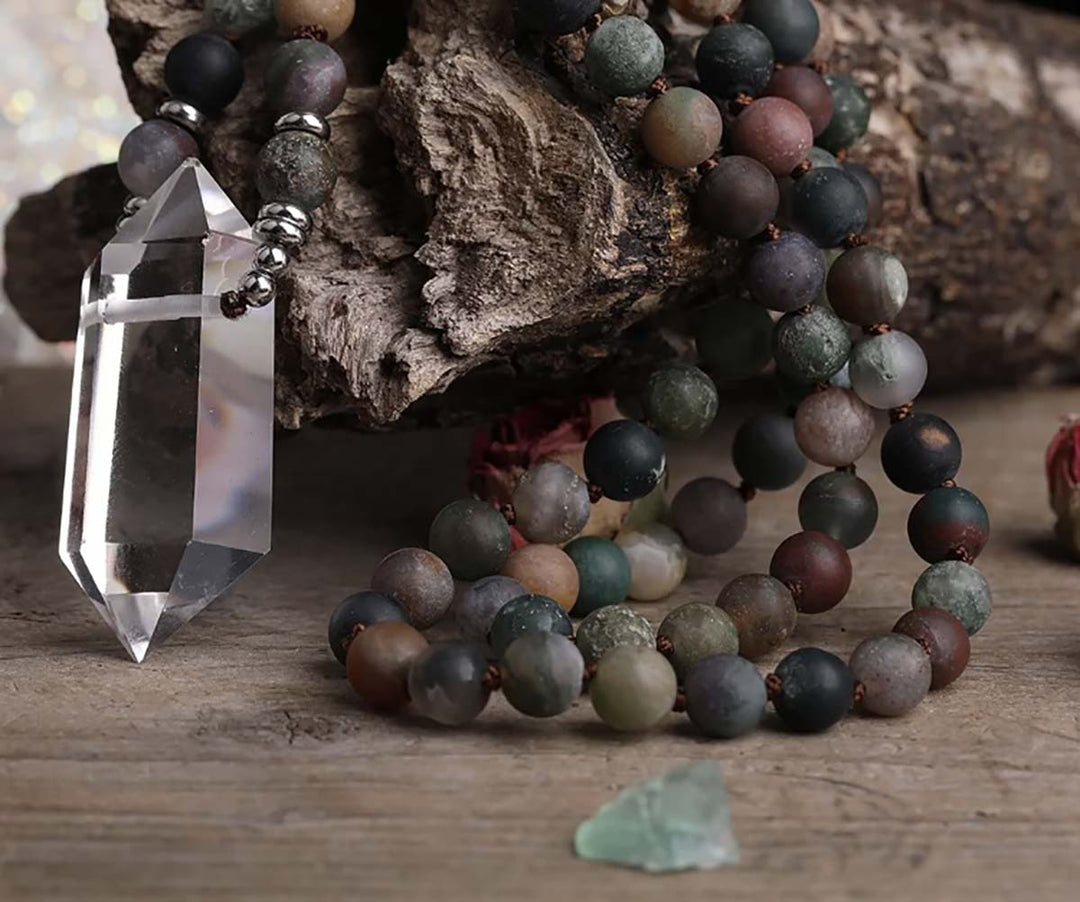 Double Point Clear Quartz & Indian Agate Mala Necklace