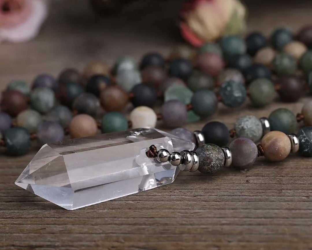 Double Point Clear Quartz & Indian Agate Mala Necklace