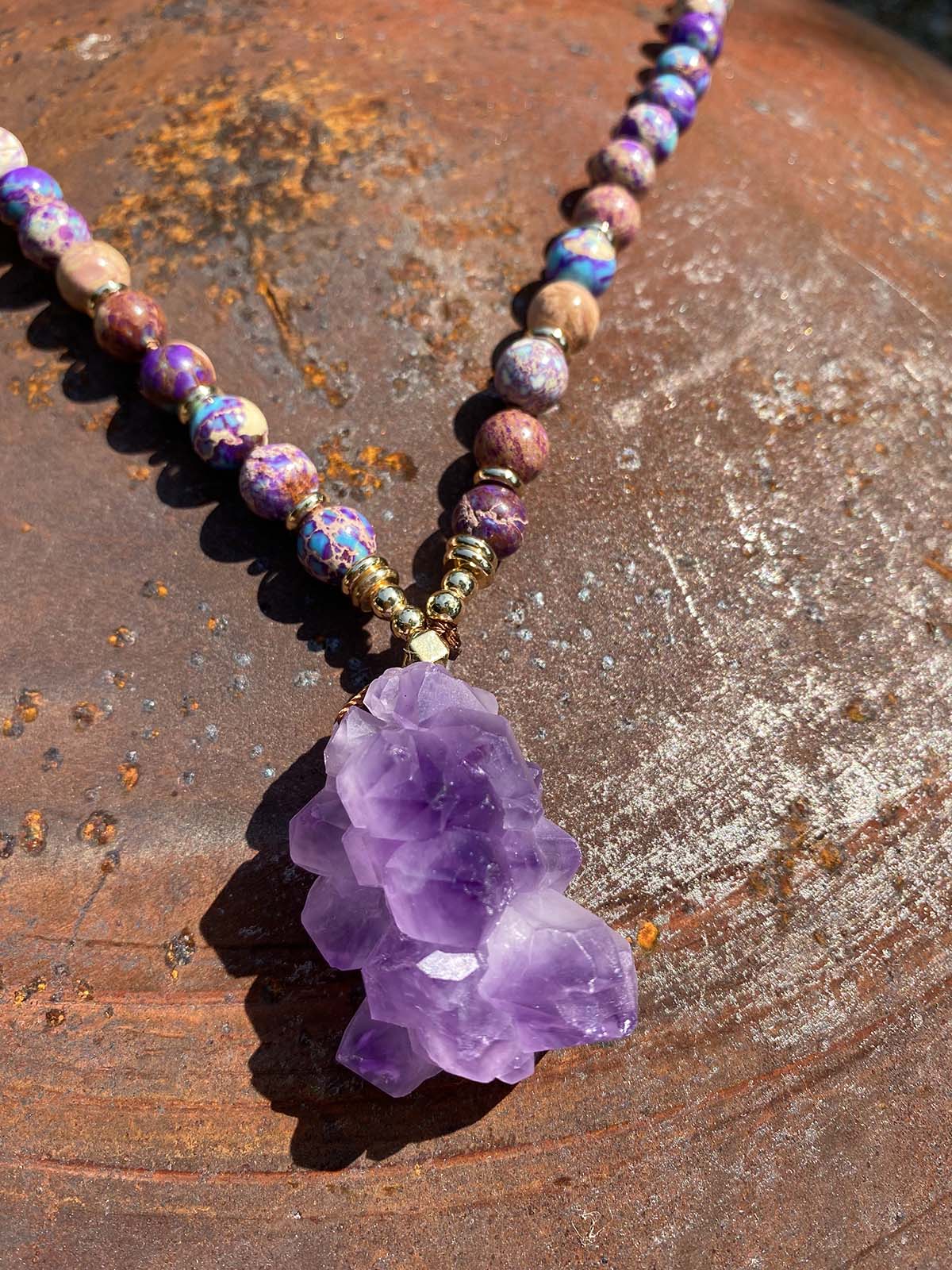Sea Sediment Jasper with Amethyst Raw stone necklace