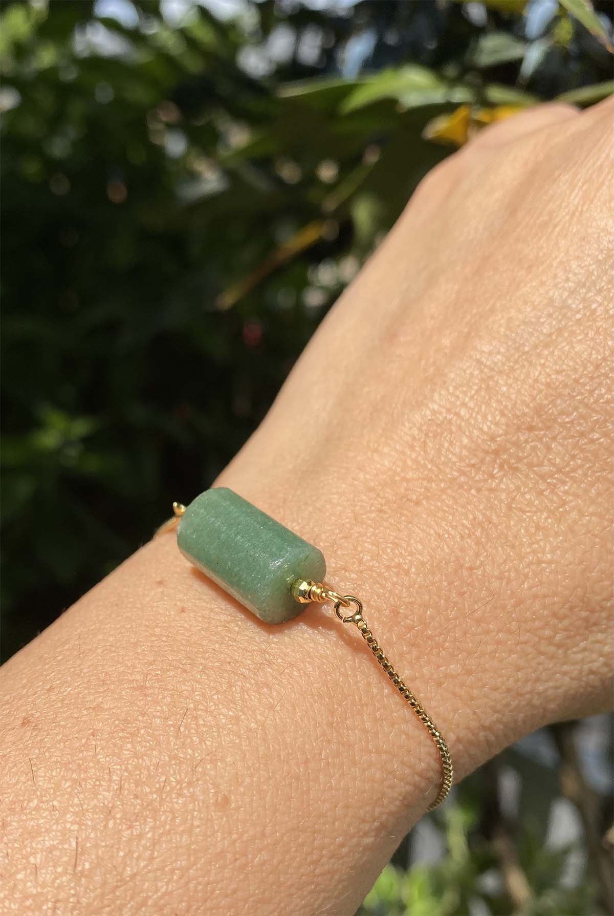 Natural Aventurine Gem stone Cylinder on a Gold pull-chain Bracelet