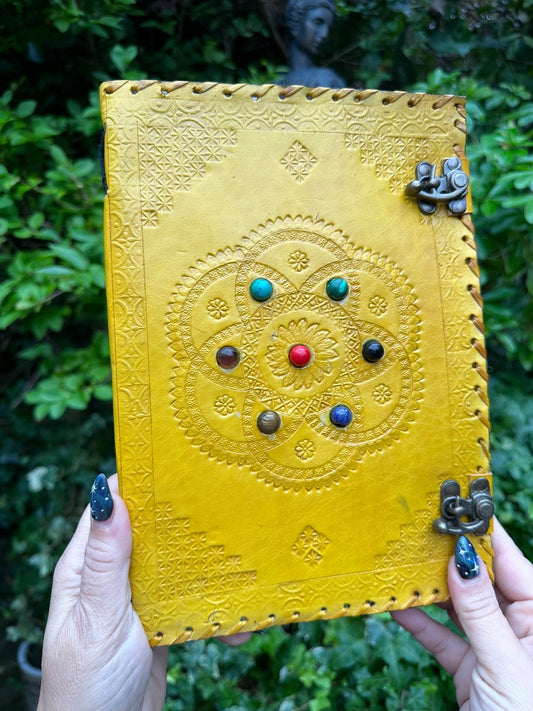 Yellow  Leather Journal With Seven Chakra Stones