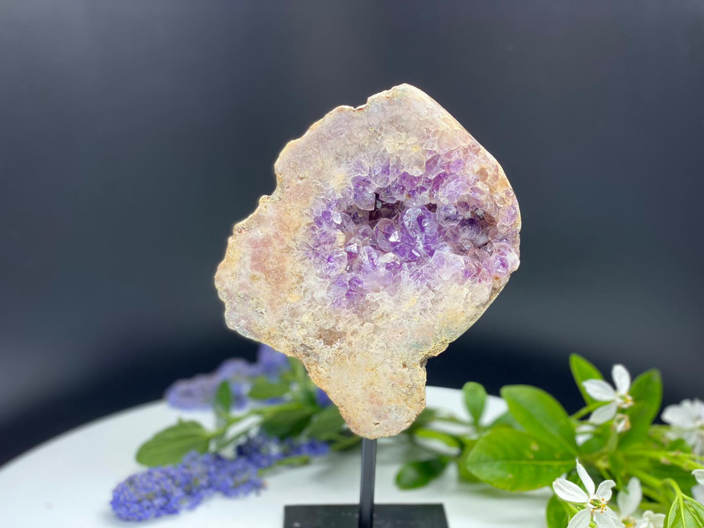pink amethyst on stand