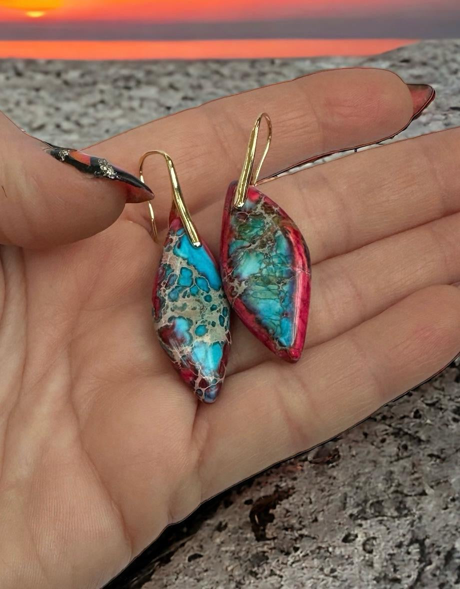 Red and blue turquoise Sea Sediment Leaf Shape  Earrings