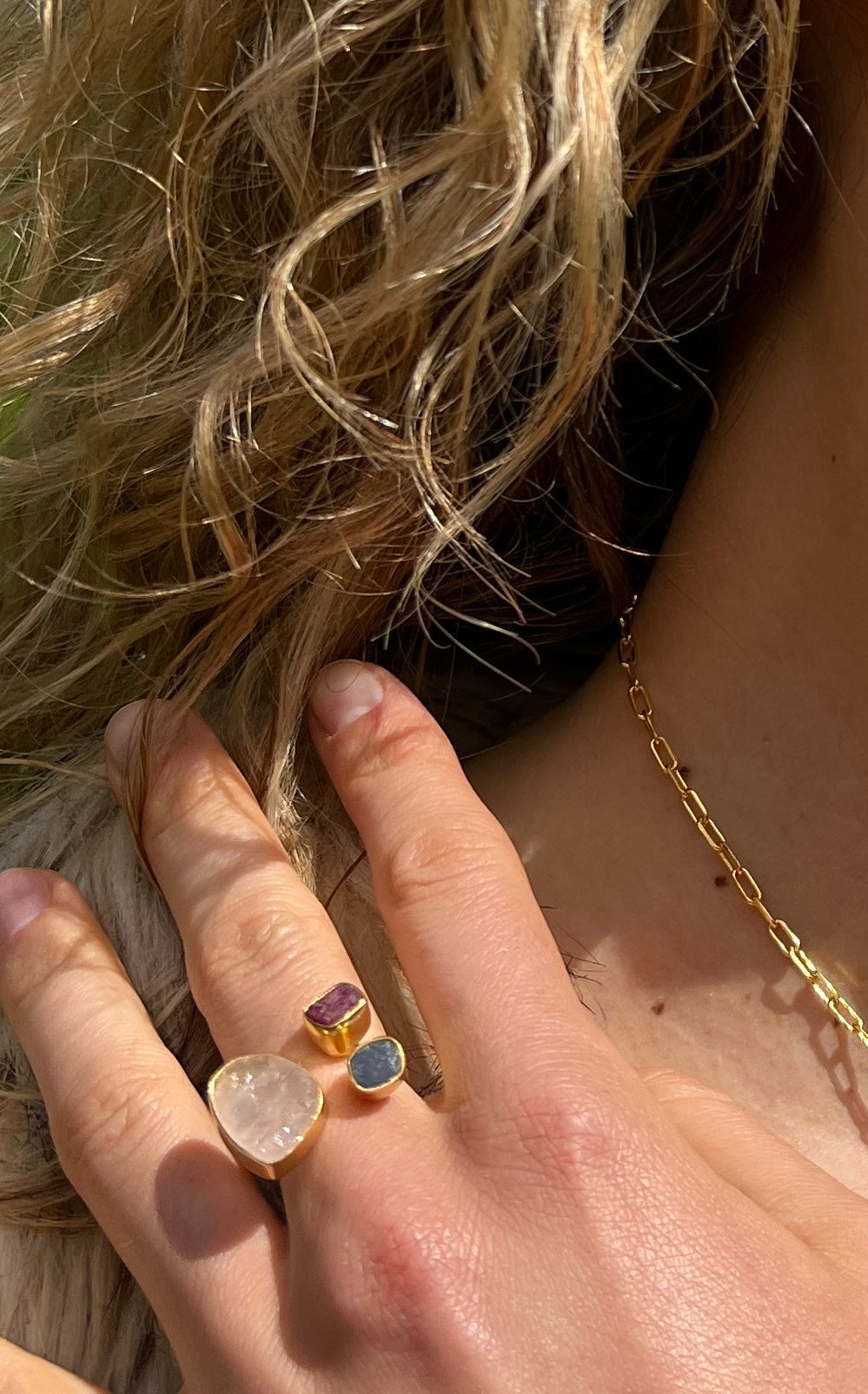 Trinity of Her Heart Rose Quartz, Aquamarine And Ruby Ring