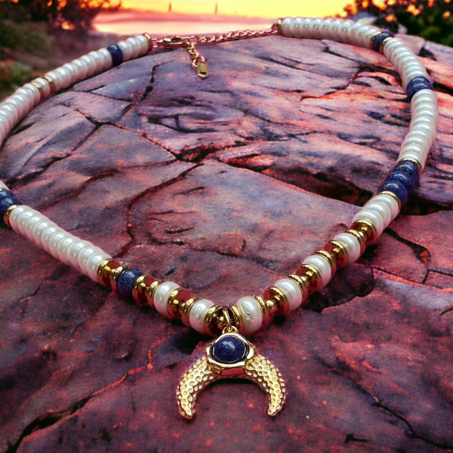 Lapis Lazuli & Freshwater Pearl Half Moon Necklace
