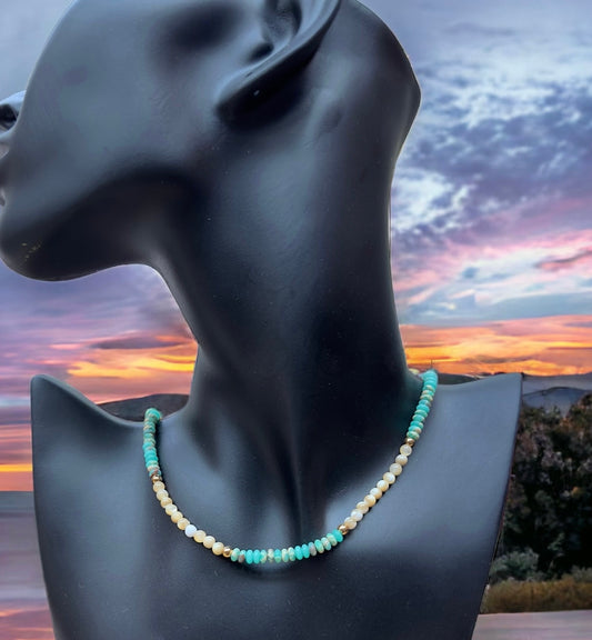 Turquoise Coloured Stone And Oyster Pearl Necklace