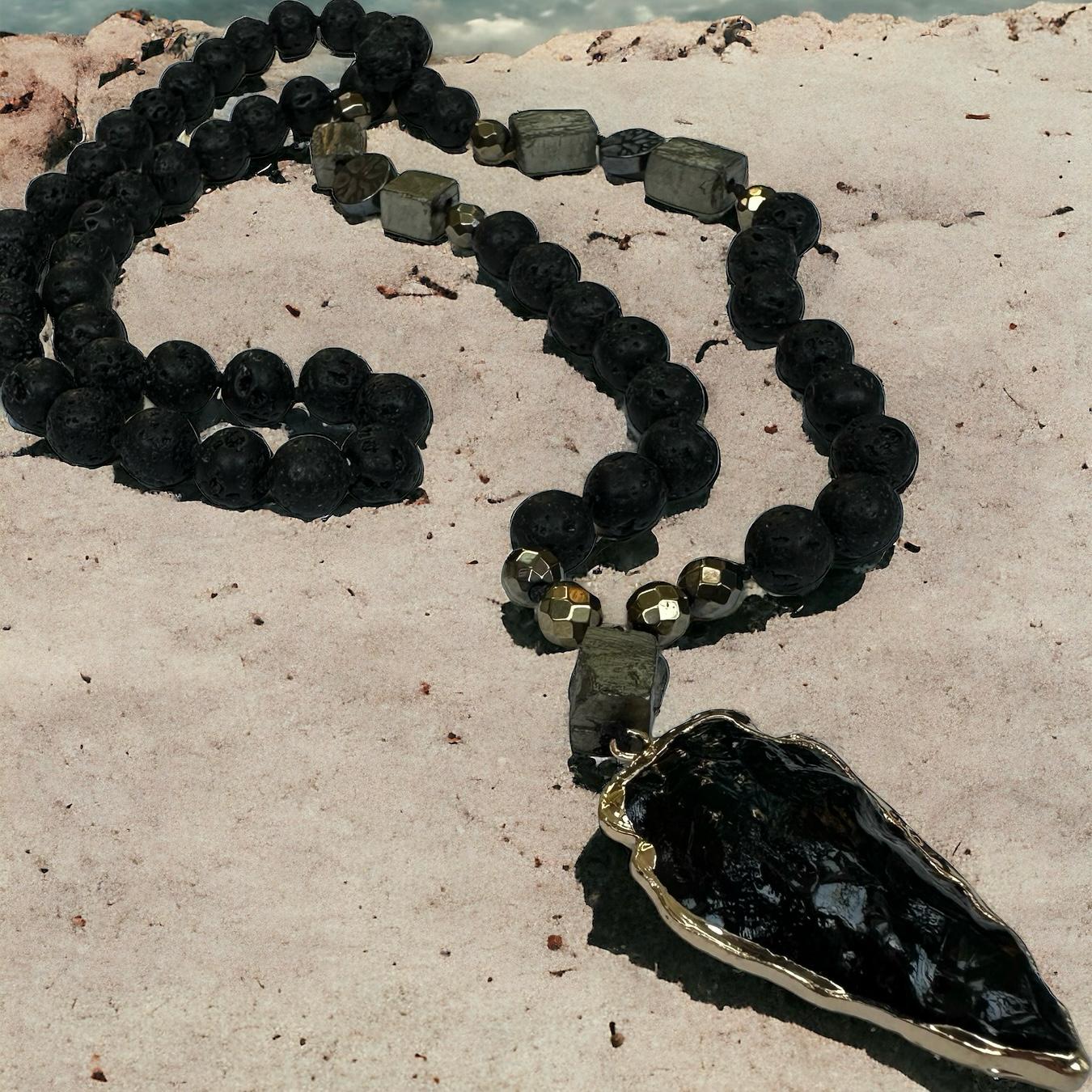 Black Obsidian Arrowhead Pendant Mala Necklace