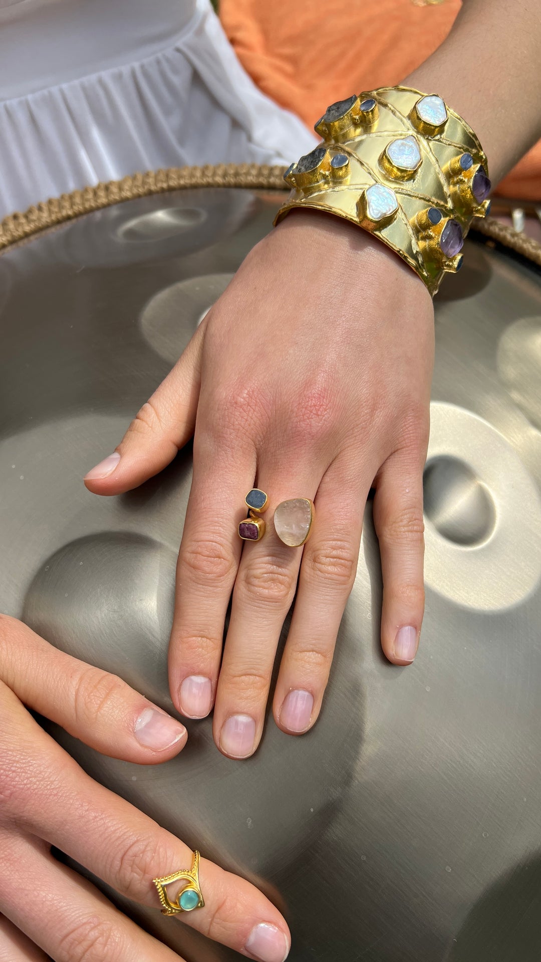 Trinity of Her Heart Rose Quartz, Aquamarine And Ruby Ring
