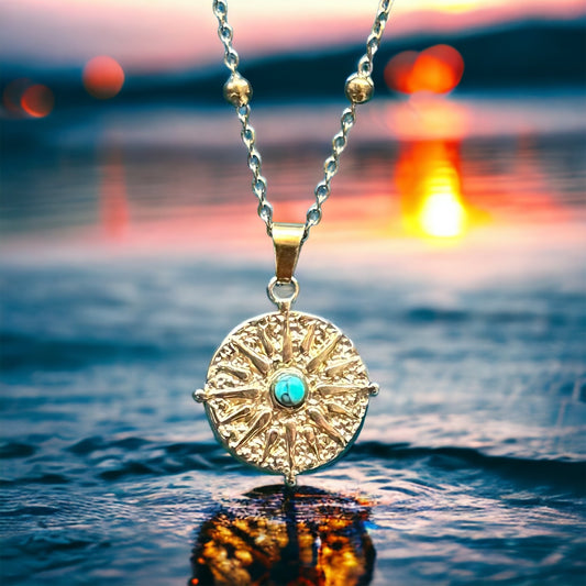 Turquoise Stone Vintage Gold Double Layer Pendant