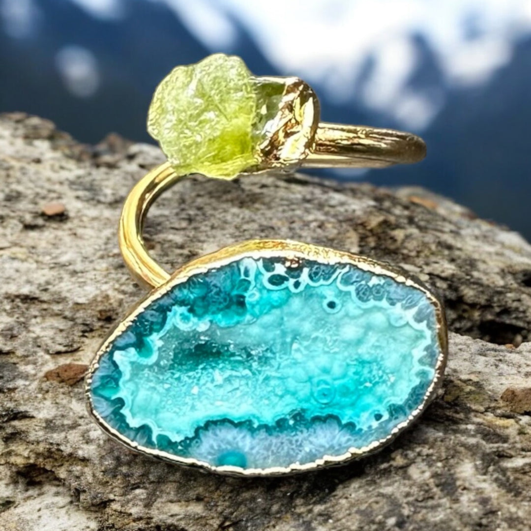 Infinity Green Agate Druzy & Peridot Wrap Ring