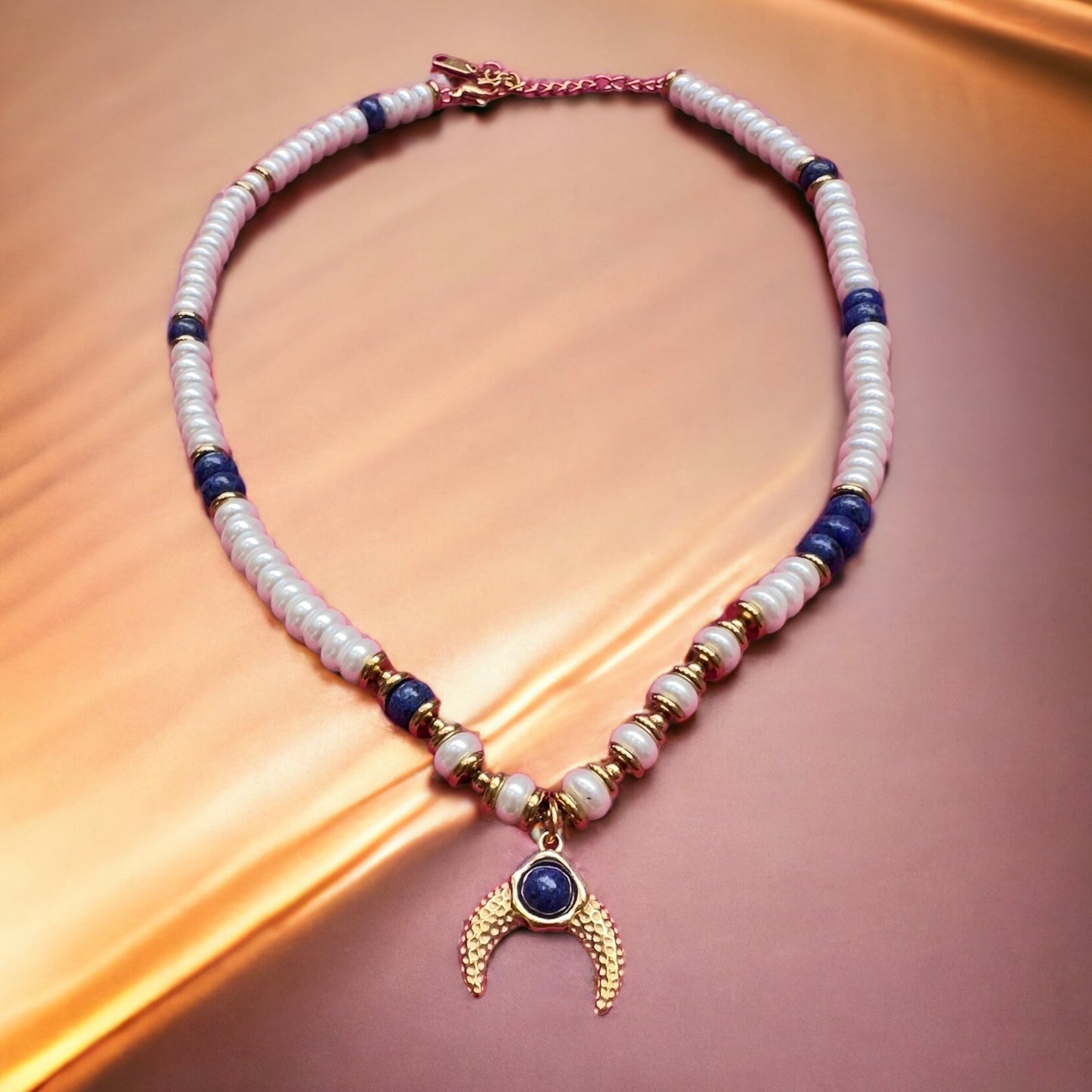 Lapis Lazuli & Freshwater Pearl Half Moon Necklace