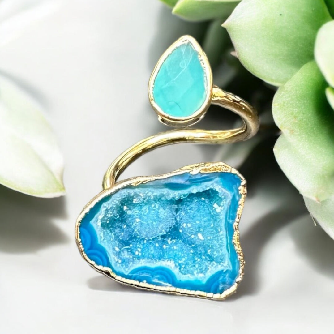 Infinity Collection Blue Agate Druzy & Aquamarine Ring