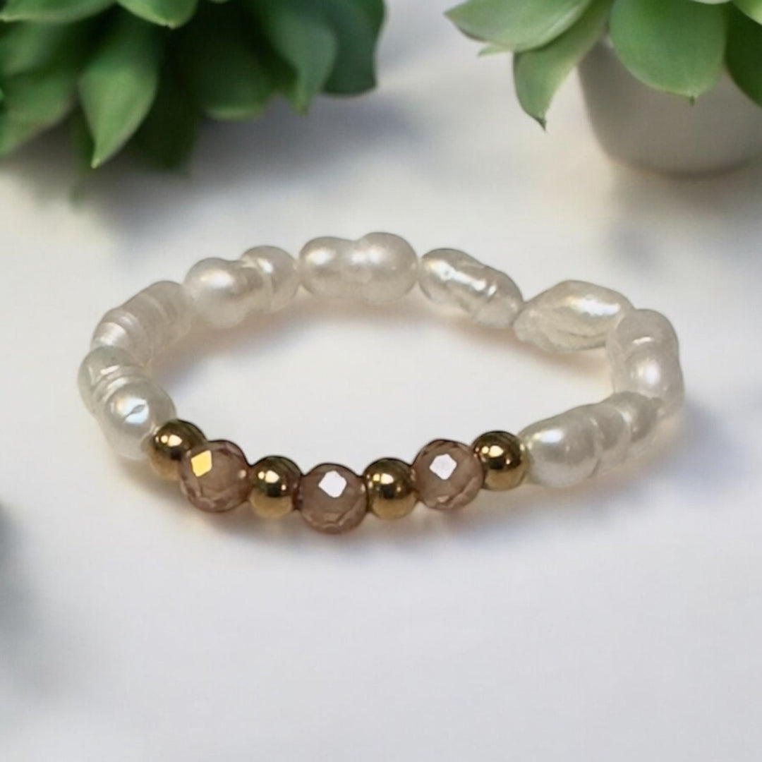 Freshwater Baroque Pearl and Rose Quartz Crystal Ring