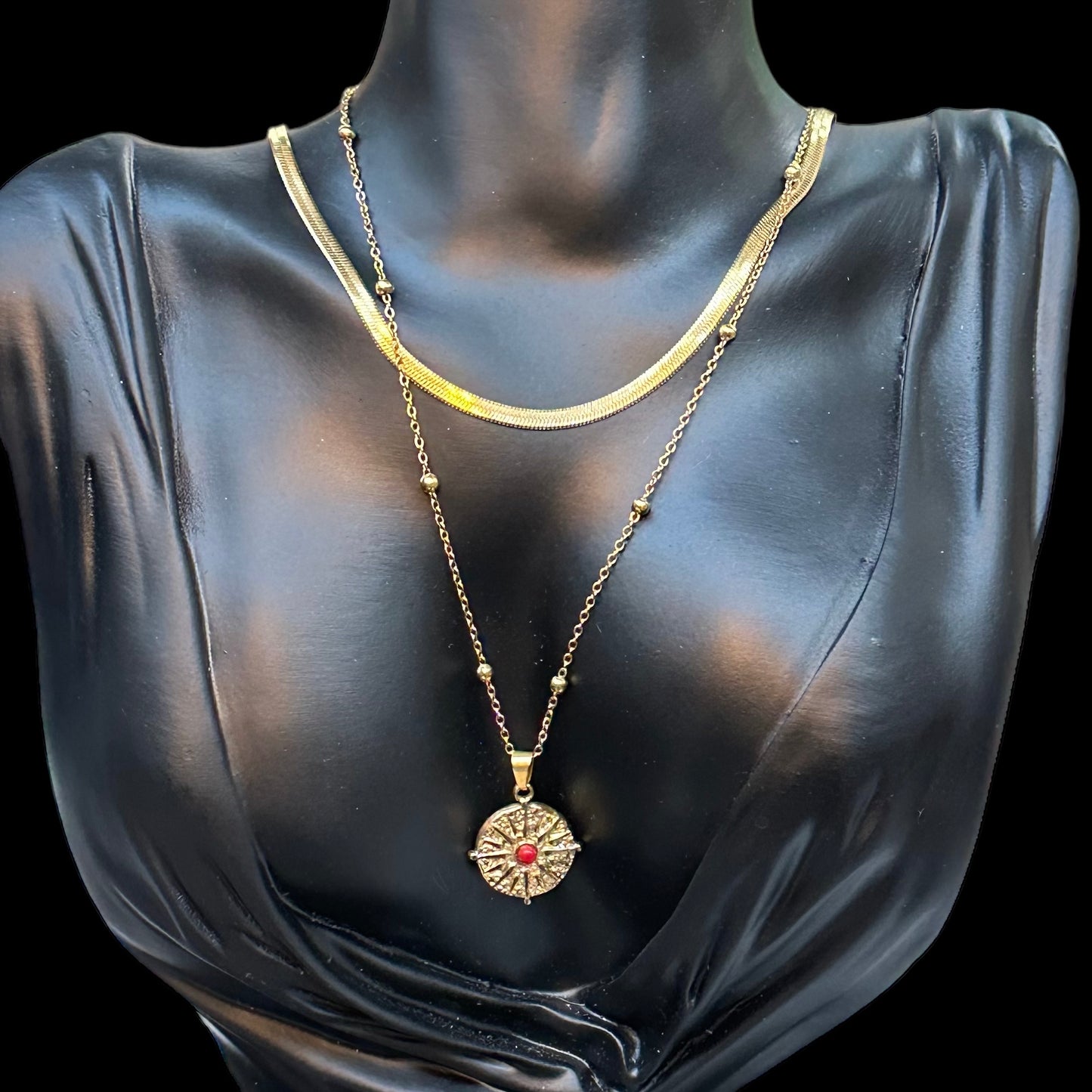 Red Jasper Stone Vintage Gold Double Layer Pendant