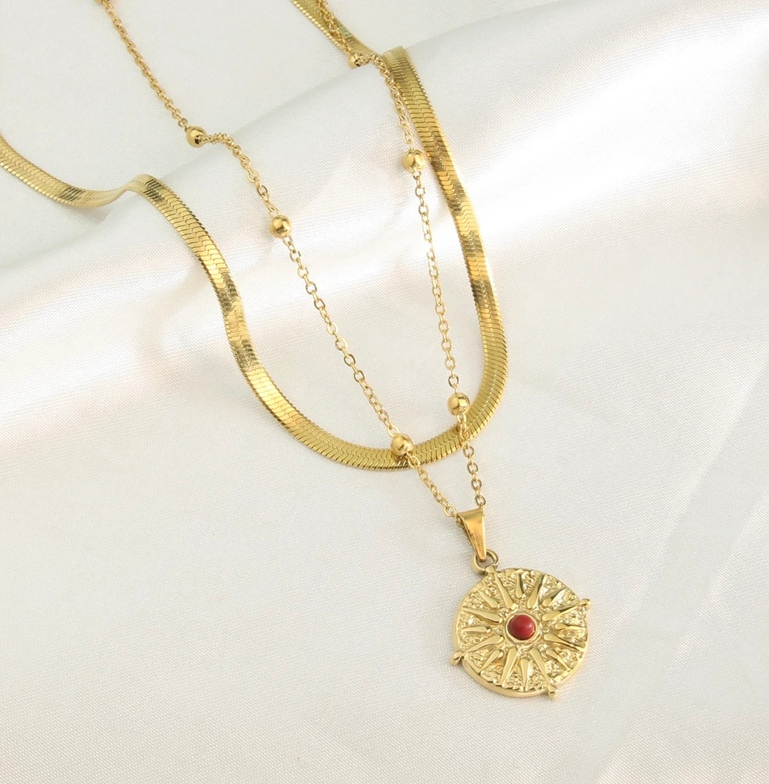 Red Jasper Stone Vintage Gold Double Layer Pendant