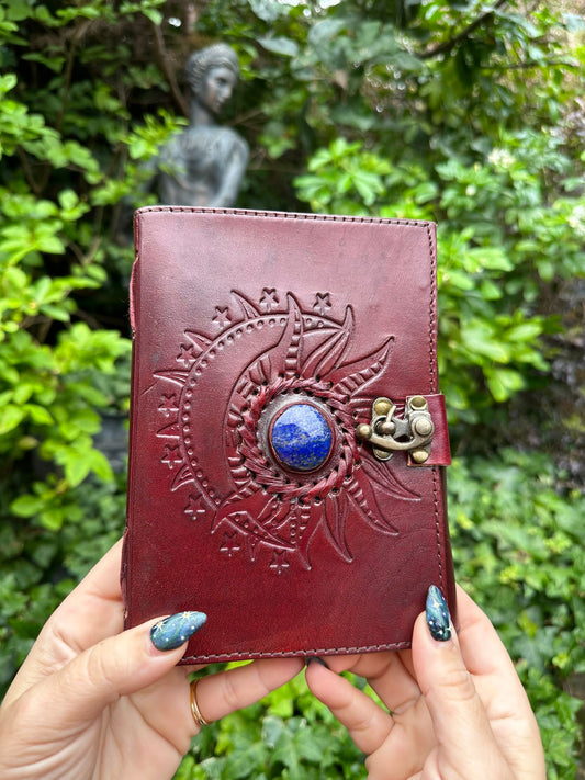 Red Leather Journal With Lapis Lazuli Stone