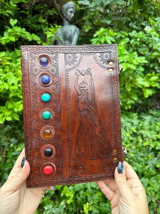 Moon Godess Brown Leather Journal With Seven Chakra Stones