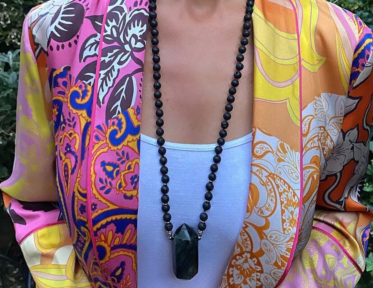 Labradorite double point pendant necklace. Handmade lava Mala beads knot necklace