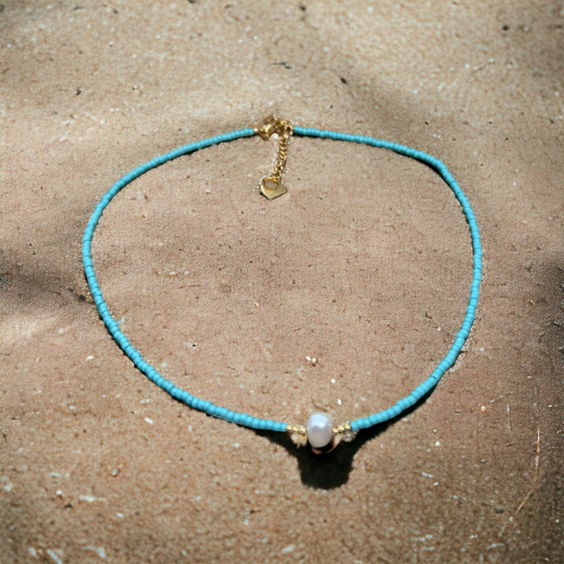 Fresh Water Pearl And Turquoise Stone Choker