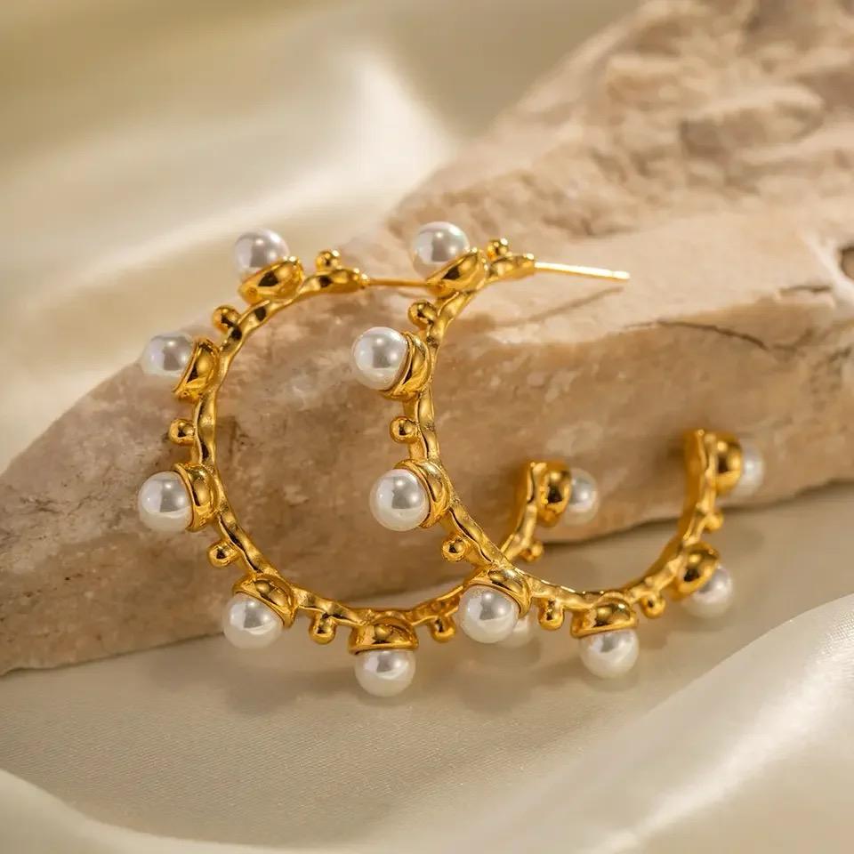 stainless Steel ,18k Gold Freshwater Pearl Hoop Earrings