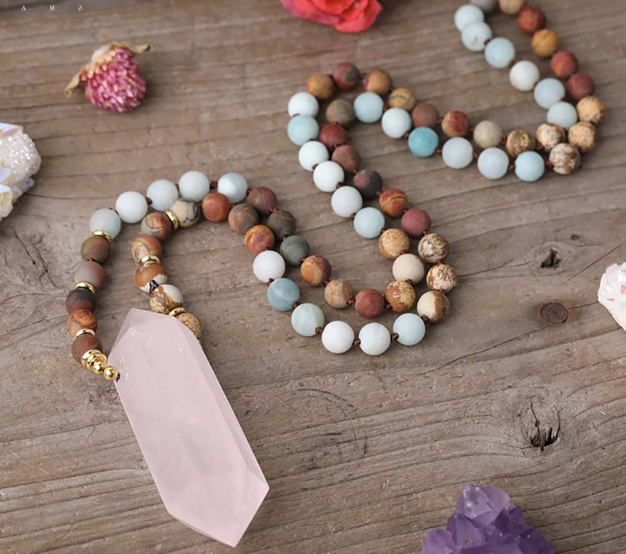 Rose Quartz Double Pointed with Amazonite, Picasso & Picture Jasper