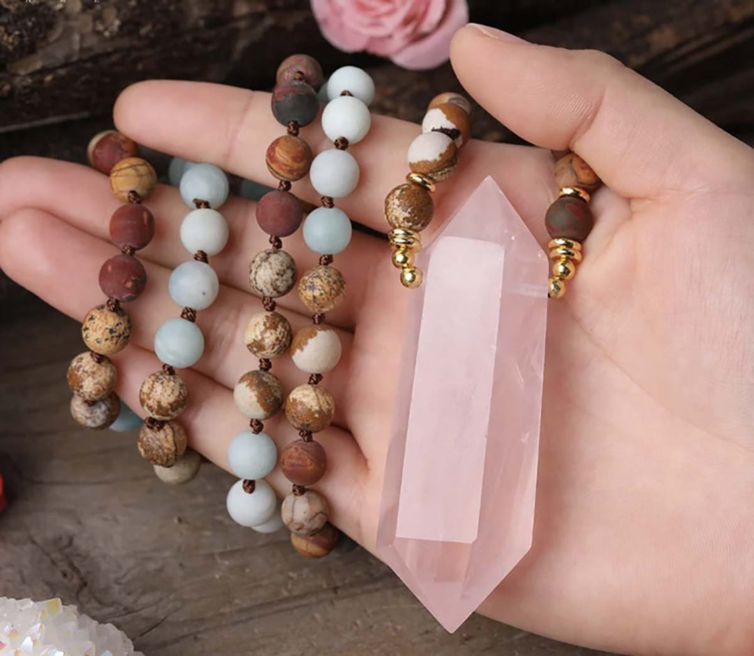 Rose Quartz Double Pointed with Amazonite, Picasso & Picture Jasper